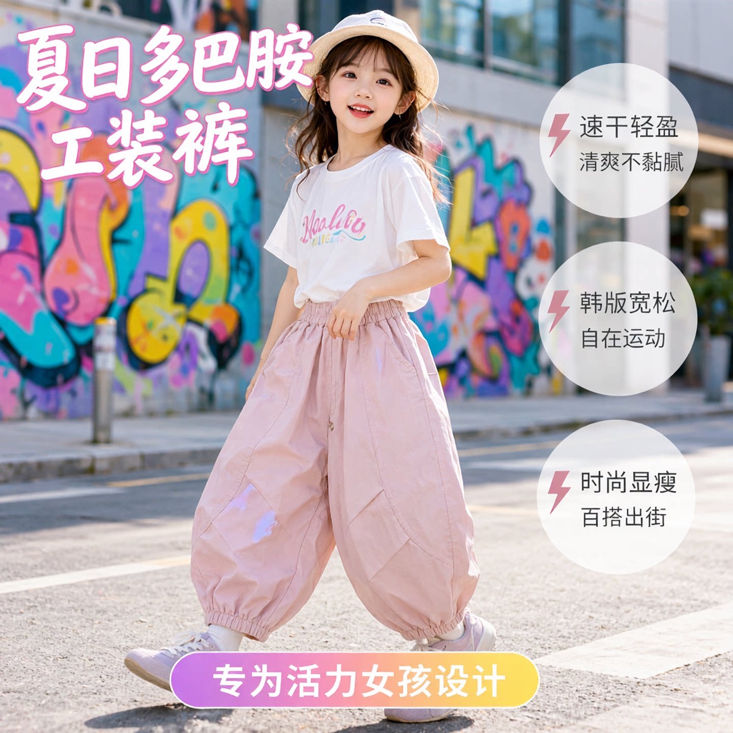 新款工装裤子女童夏装宽松速干裤显瘦韩版运动长裤洋气多巴胺时尚