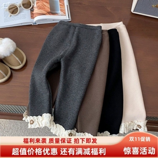 女童加绒打底裤洋气花边修身可爱弹力黑色灰色长裤子秋冬宝宝冬裤