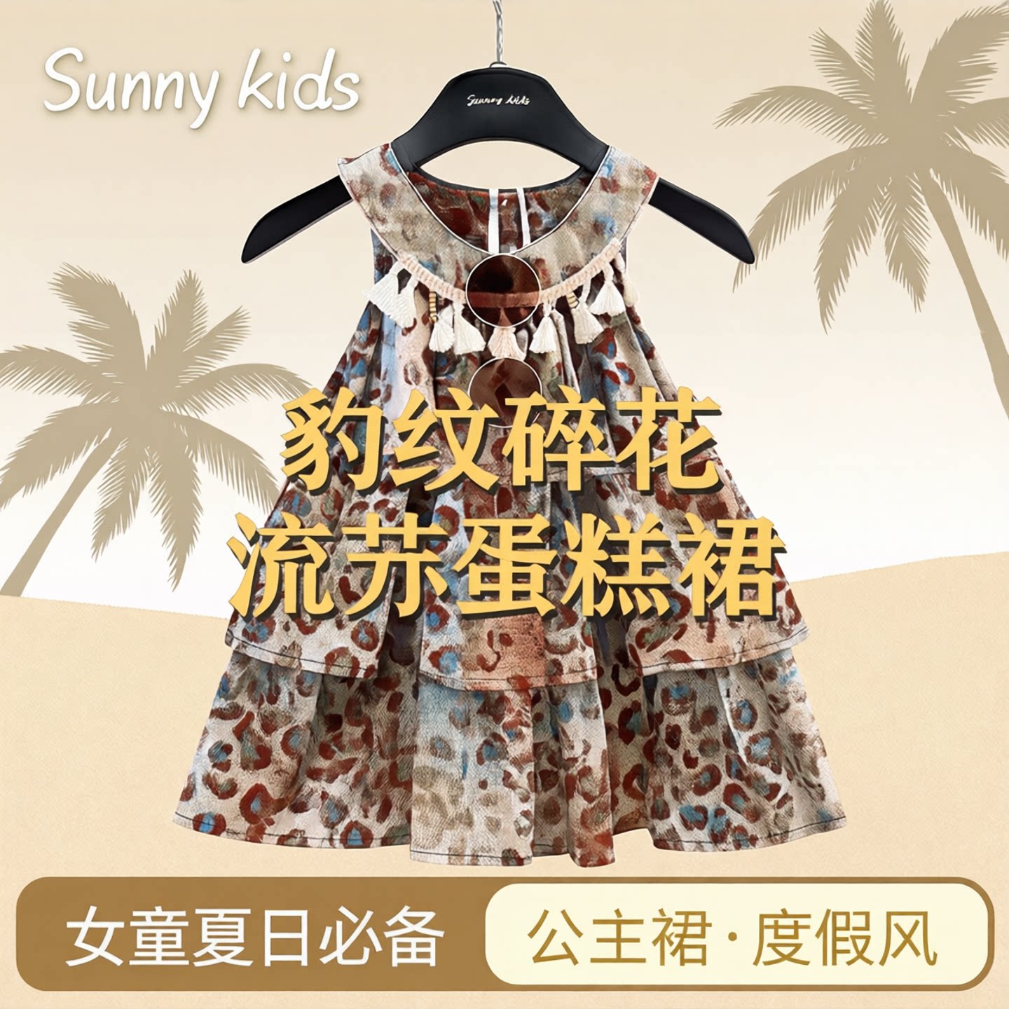女童连衣裙夏豹纹挂脖碎花蛋糕裙流苏度假裙公主裙女童裙子童装