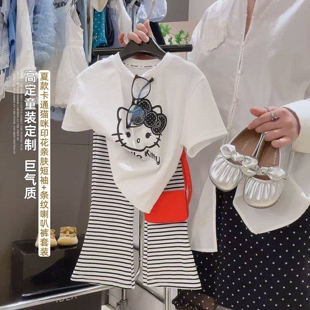 2026夏季新款女童KT猫短袖T恤套装爆款条纹喇叭长款裤超萌两件套
