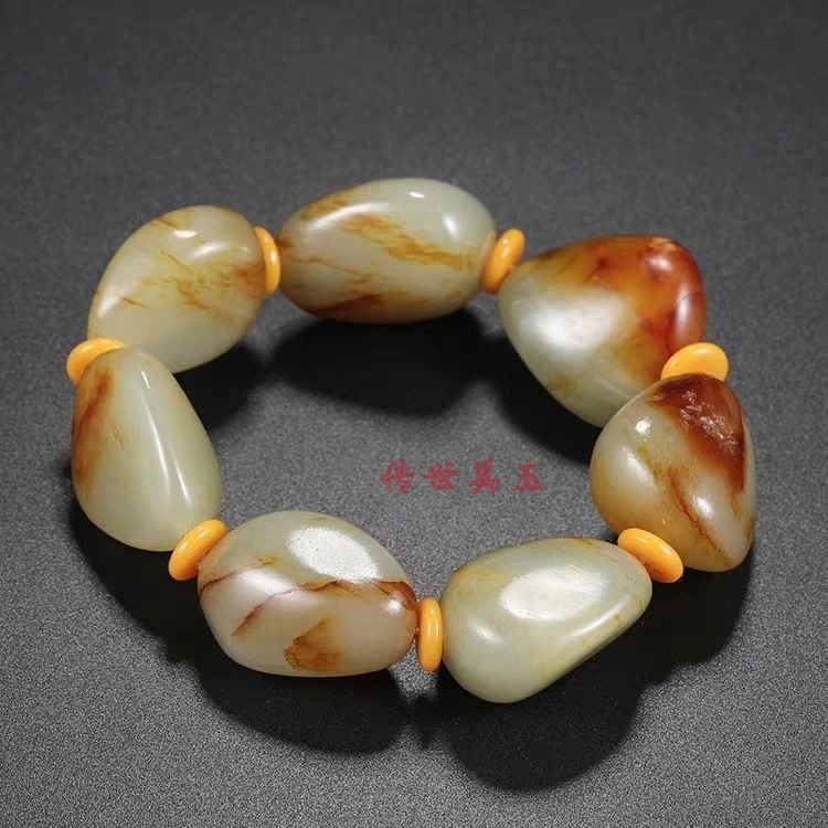 正品和田玉手链男款青白玉籽料原石手串红沁皮随形天然玉石手链