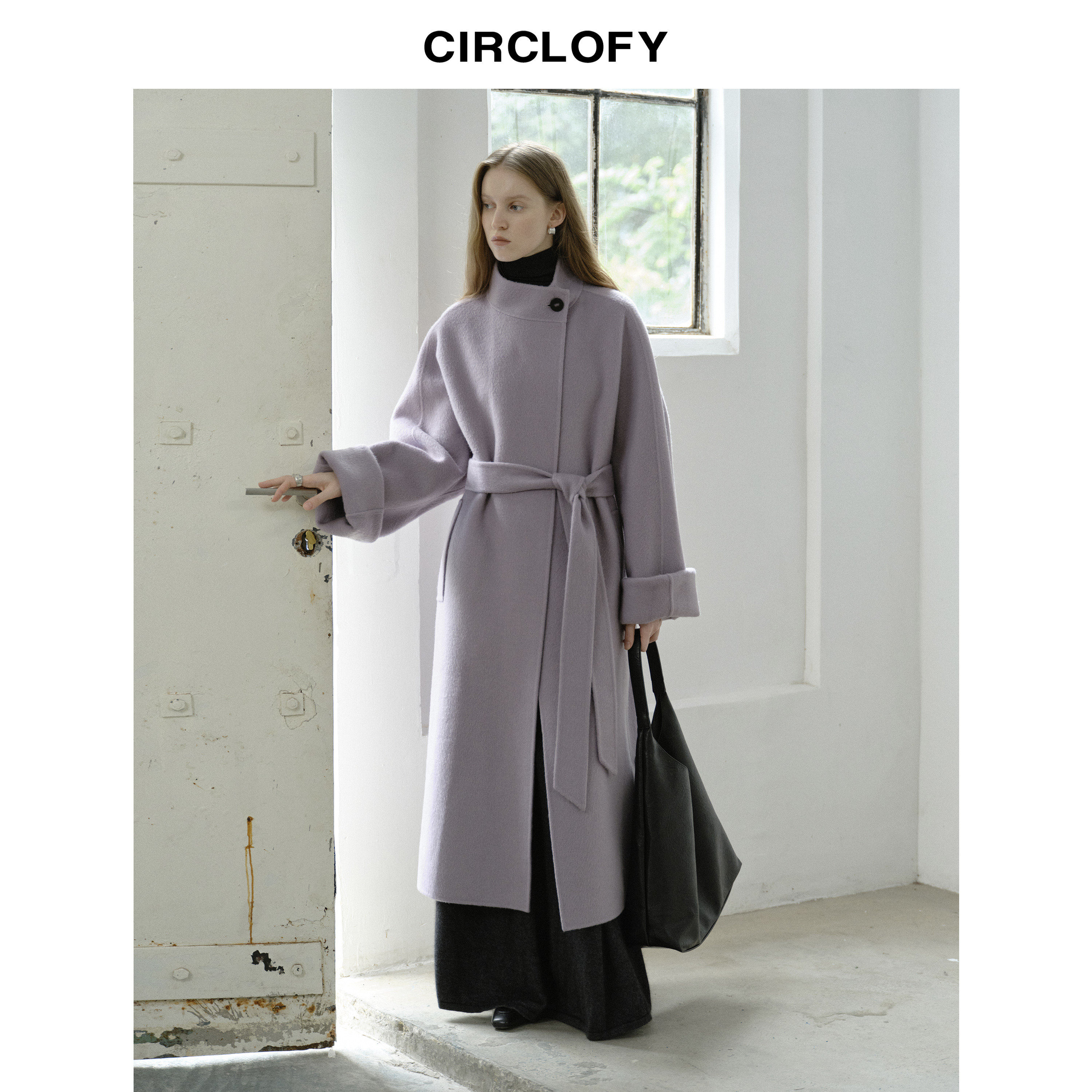 CIRCLOFY瑟夕 紫色双面呢羊毛呢大衣女长款秋冬季新款毛呢外套