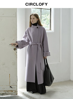 CIRCLOFY瑟夕 紫色双面呢羊毛呢大衣女长款秋冬季新款毛呢外套