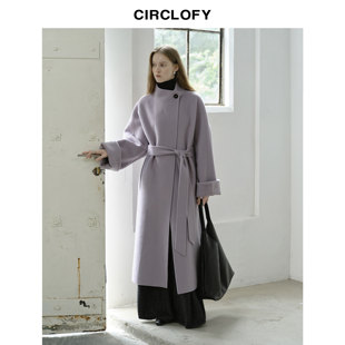 CIRCLOFY瑟夕 紫色双面呢羊毛呢大衣女长款秋冬季新款毛呢外套