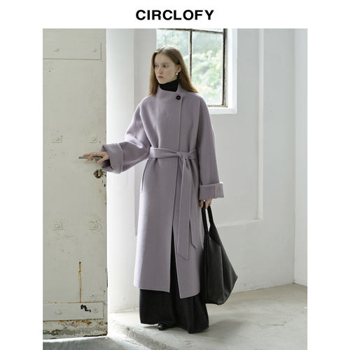 CIRCLOFY瑟夕 紫色双面呢羊毛呢大衣女长款秋冬季新款毛呢外套