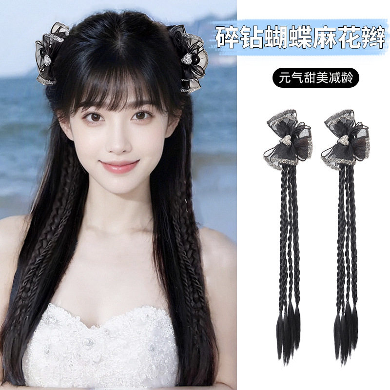 假发辫子女马尾仿真发碎钻蝴蝶结麻花辫假发新中式刘海夹头顶