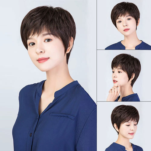 时尚妈妈假发女短发真发真人发中老年全头套妈妈直发光头自然发套