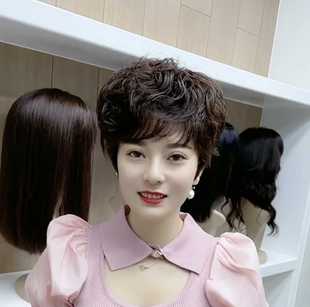 全真发假发女短发真发卷发圆脸假发头套透气蓬松妈妈大卷烫假发套