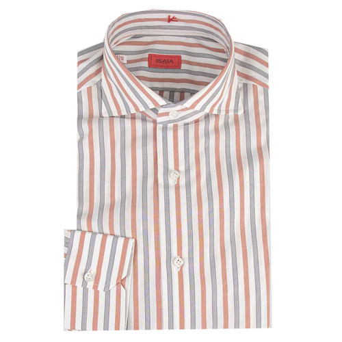 公价6200 那不勒斯顶吉 ISAIA 四季 撞色条纹桔色海岛棉 长袖衬衫