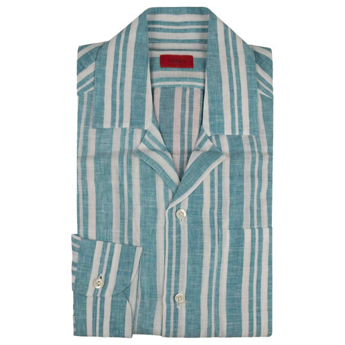 公价6200 那不勒斯顶吉 ISAIA 四季 青色条纹爱尔兰亚麻 长袖衬衫