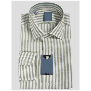 意大利那不勒斯 春夏 绿白撞色条纹亚麻老钱风长袖衬衫B