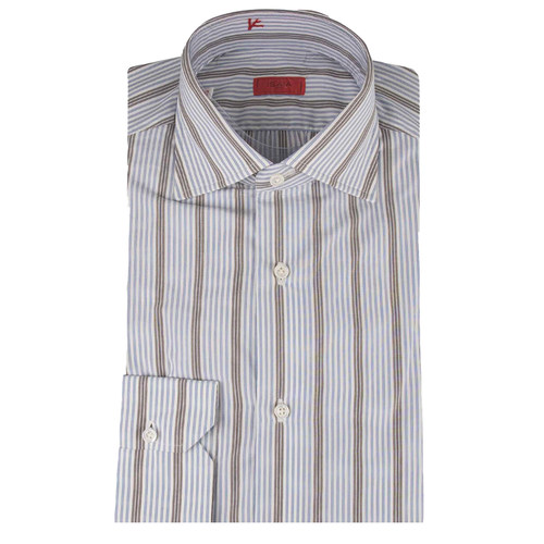 公价6200 那不勒斯顶吉ISAIA 四季 蓝色 撞色条纹海岛棉 长袖衬衫