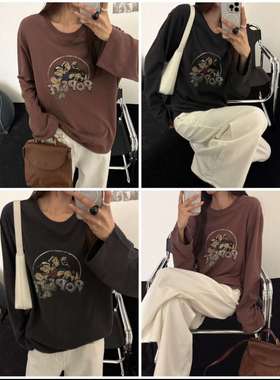 现 25秋冬新款韩国东大门Visual space宽松卡通印花长袖T恤女