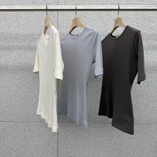 现 26春新款韩国东大门AT THE BAGEL休闲百搭简约螺纹修身短袖T恤