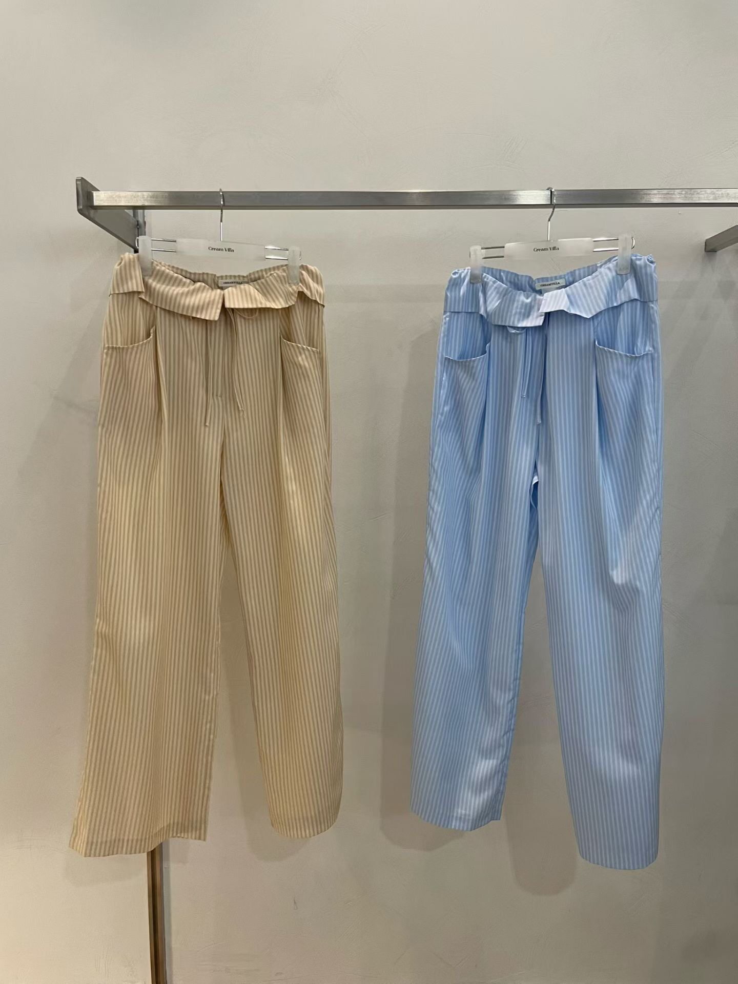 现折 韩国东大门26夏季新款cream villa设计拼接竖条纹休闲裤女