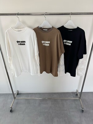 现26春季新款韩国东大门TEMPTING女个性磨破字母假两件长袖T恤