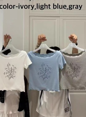现 25夏季新款韩国东大门weare女木耳花边花束印花修身短袖T恤