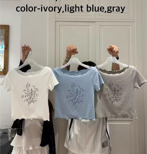 现 25夏季新款韩国东大门weare女木耳花边花束印花修身短袖T恤