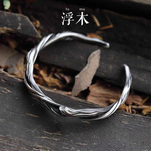 高級(jí)感藏銀浮木手鐲男做舊木紋復(fù)古手環(huán)手工編織鐲子男朋友禮物