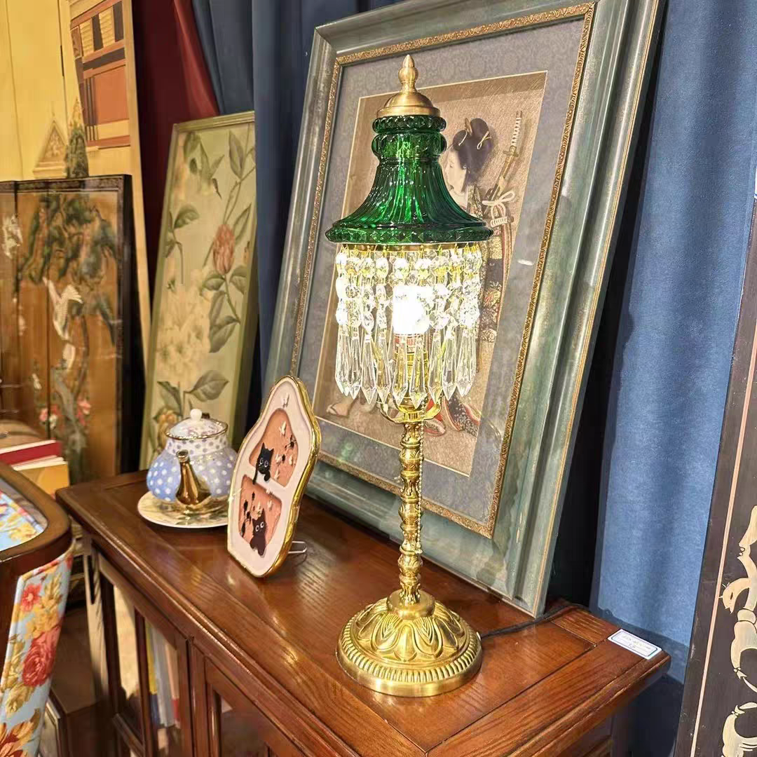 法式复古欧式水晶玻璃台灯中古风欧式黄铜雕花卧室客厅装饰灯具