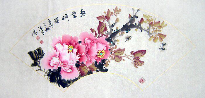 字画】c17574实力派画家.写意花鸟国画.牡丹.扇面(三尺)