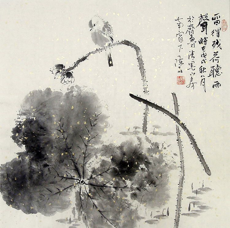 字画书画】c27241陈石手绘花鸟国画.水墨残荷.三尺斗方