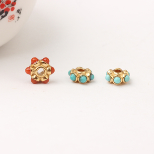 S925纯银镀24K厚金镶绿松南红飞碟算盘珠隔珠手链文玩手串配饰品