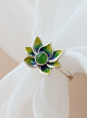 民族风925银戒子镶天然碧玉青金