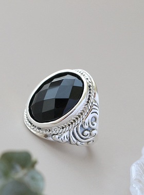 复古925纯银镶天然黑玛瑙戒指