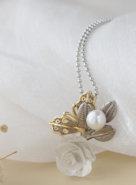 银宸首饰 镶天然淡水珍珠复古银项坠天然白水晶玫瑰花925纯银吊坠