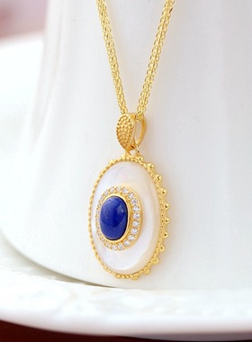 银宸首饰 镶天然青金石白母贝镀金项坠 宫廷复古女士925纯银吊坠