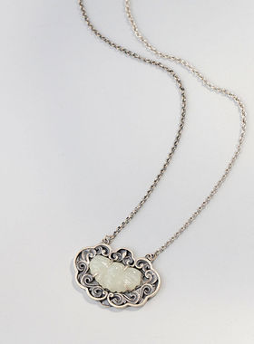 银宸首饰 镶天然和田玉镂空花纹平安锁银项链民族复古925纯银吊坠