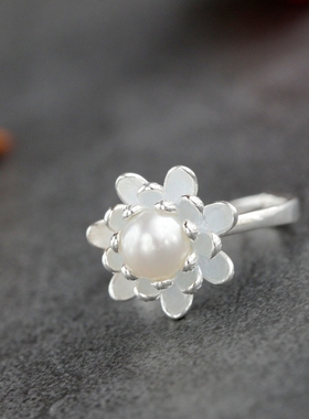 镶天然淡水珍珠手工银戒指复古