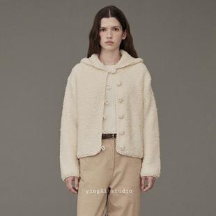 在途现货 韩国howus甜美可爱美利奴羊毛手工编织毛衣连帽短外套