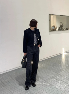 courgette韩国东大门代购24年春暗波点黑色高腰直筒显瘦牛仔裤女