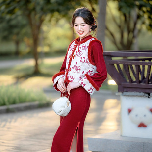 2025冬季新款红色喜庆亲子装旗袍马甲两件套新中式民国风母女装