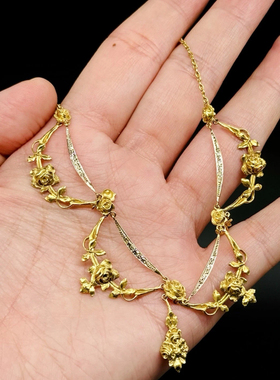 法国法金18k金新艺术浮雕玫瑰花老切钻石项链订金链接 实价请私询