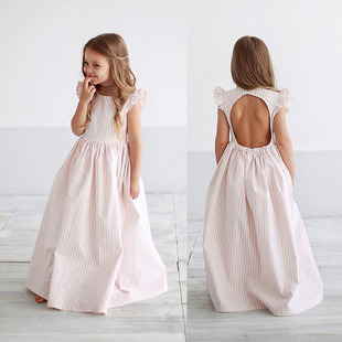 条纹纯棉长款 女童连衣裙2025新款 经典 洋气时尚 浪漫度假亲子裙 夏装