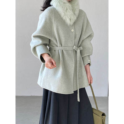 韩版高级江左 年服大衣 可拆狐狸毛领中长款羊毛呢冬季H8582毛呢