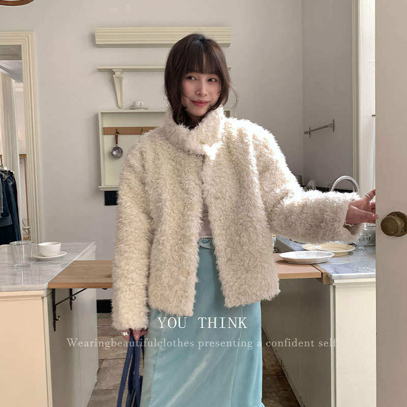 韩版高级韩版休闲潮冬季围巾领韩风气质保暖毛毛开衫外套女1510短