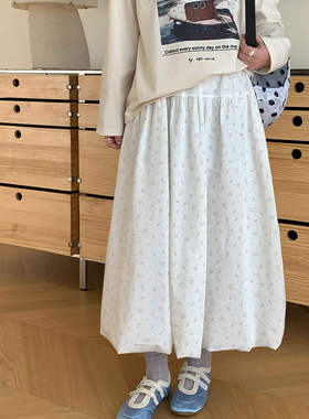 韩版高级you think春季韩系百搭松紧腰抽绳A字碎花半身裙女26382