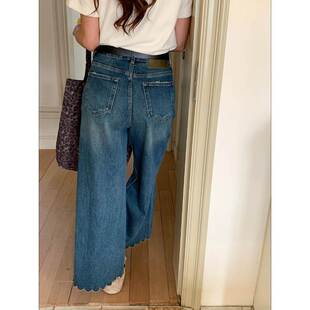 韩版高级2025 早春 设计感花边刺绣阔腿宽松牛仔裤高腰标准2026年
