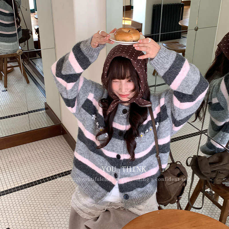 韩版高级think冬季韩系休闲舒适条纹针织开衫毛衣女1391YOU/时代,女装/女士精品,毛衣,淘宝优惠券,粉丝福利购,淘宝优惠卷