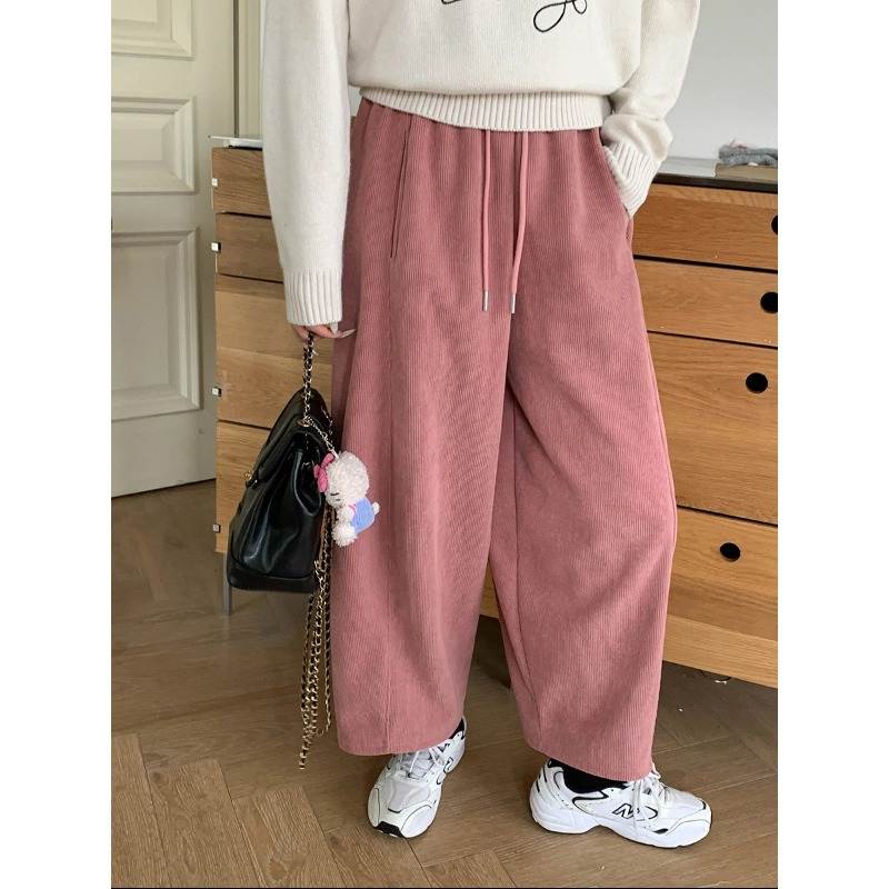 韩版高级新款 2025 韩系抽绳松紧高腰阔腿加绒灯芯绒南瓜裤休闲裤