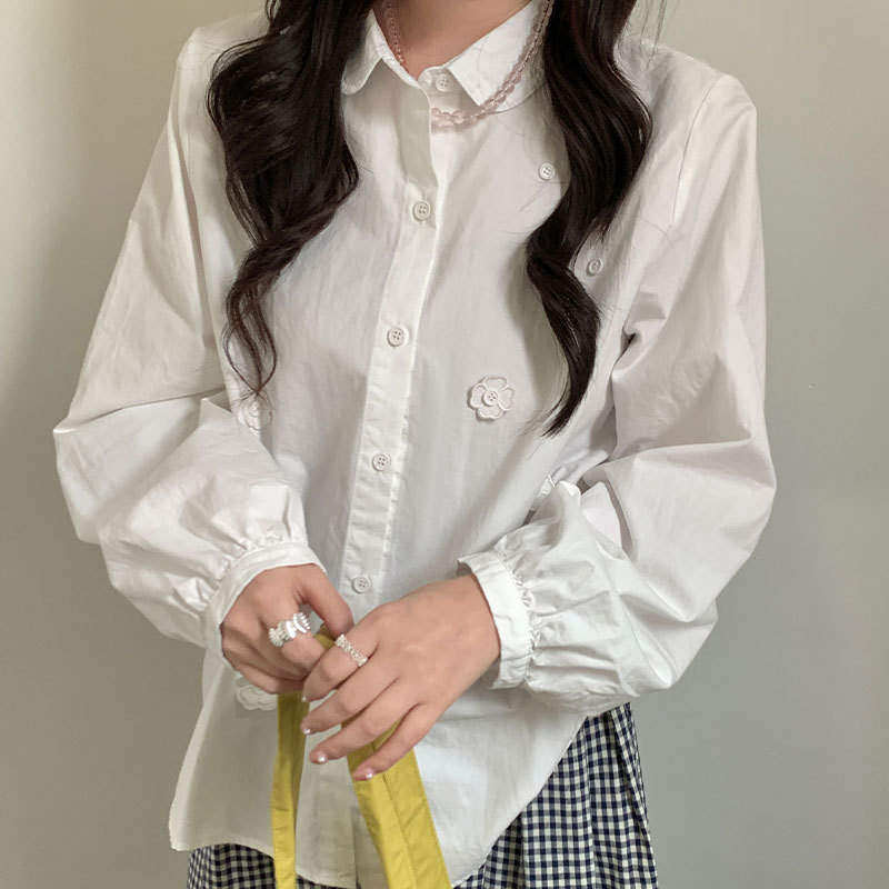 韩版高级新款 十三行春季韩式开衫衬衣女刺绣花朵设计感上衣1663