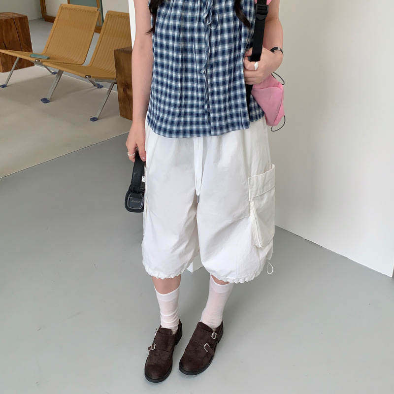 韩版高级新款十三行夏季松紧腰纯色宽松直筒工装七分短裤女2940休