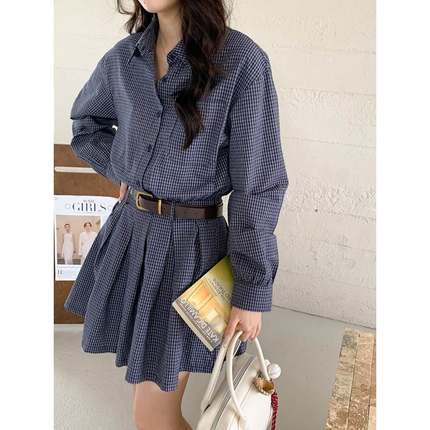 韩版高级新款2025 含腰带 中古蓝色格子衬衫连衣裙早秋ZY2641高腰