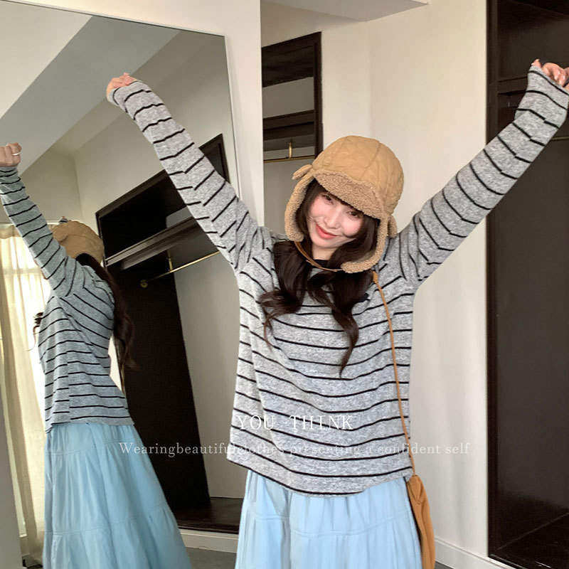 韩版高级新款 冬季圆领长袖舒适休闲韩系条纹上衣T恤女1618you t,女装/女士精品,T恤,淘宝优惠券,粉丝福利购,淘宝优惠卷