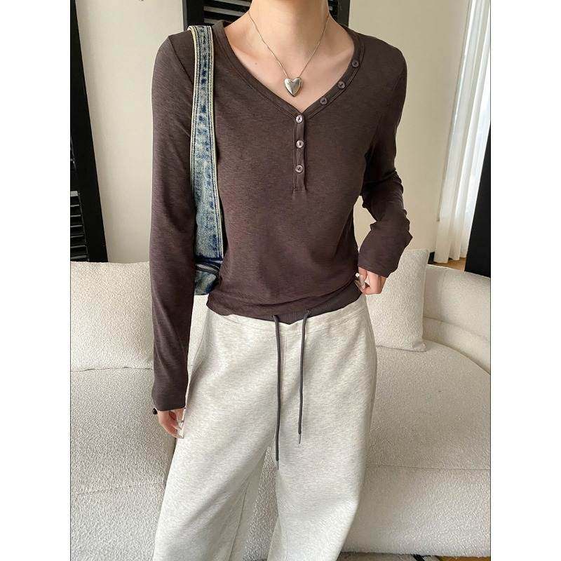 韩版高级韩版休闲潮 早春 羊毛混纺纽扣半门襟亨利领T恤打底衫 纯,女装/女士精品,T恤,淘宝优惠券,粉丝福利购,淘宝优惠卷