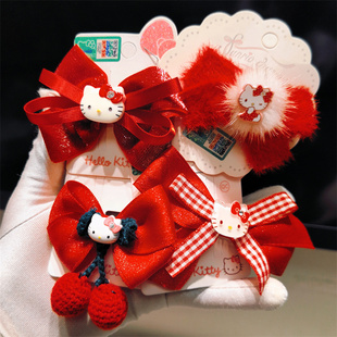 女童hellokitty蝴蝶结发夹凯蒂猫甜美红色发卡KT毛球边夹宝宝头饰